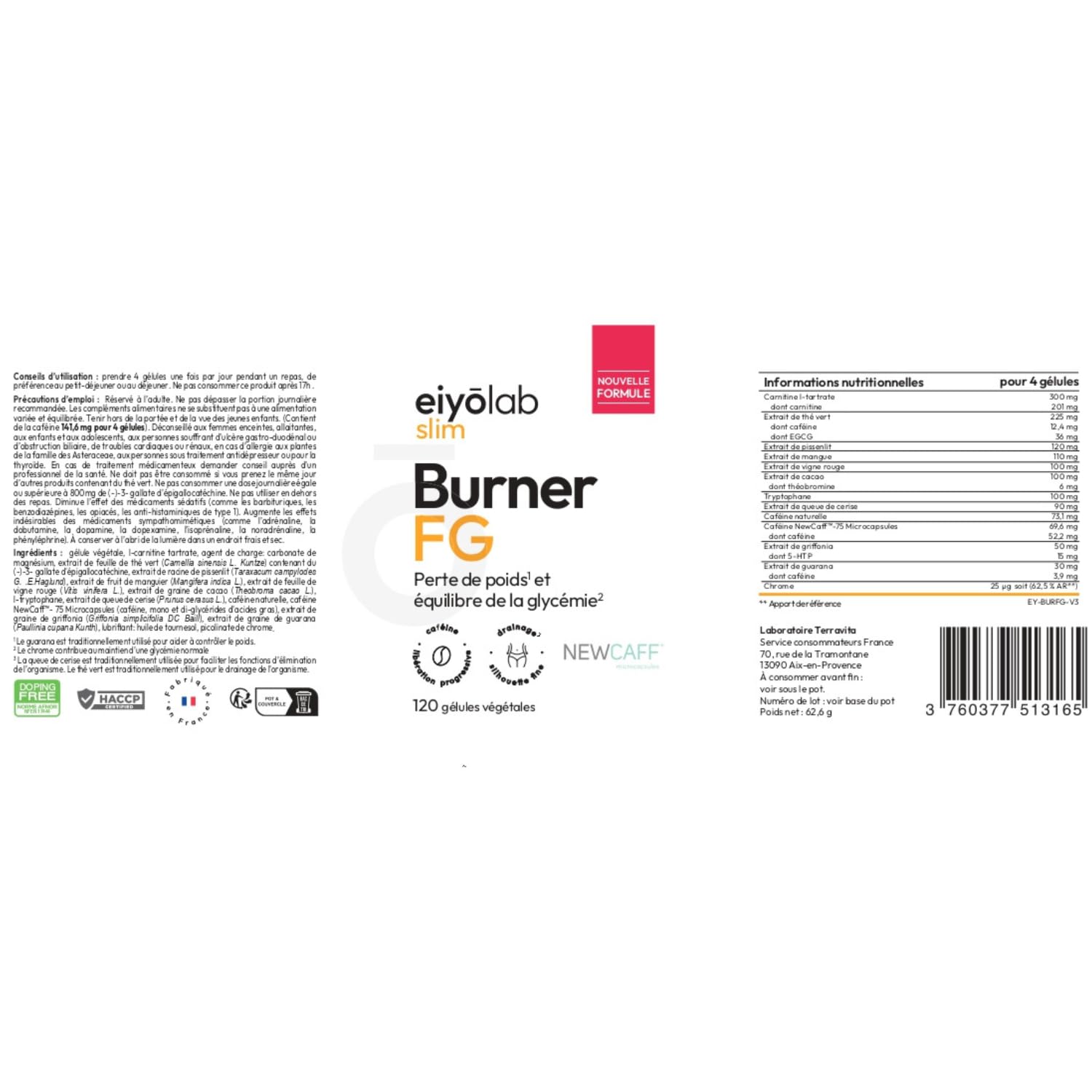 BURNER FG | Brûleur de Graisse Puissant Spécial Femme | Caféine NewCaff | Detox Anti-Cellulite | L-Carnitine + Thé Vert + Griffonia + Tryptophane + Guarana | 120 Gélules Vegan | Eiyolab