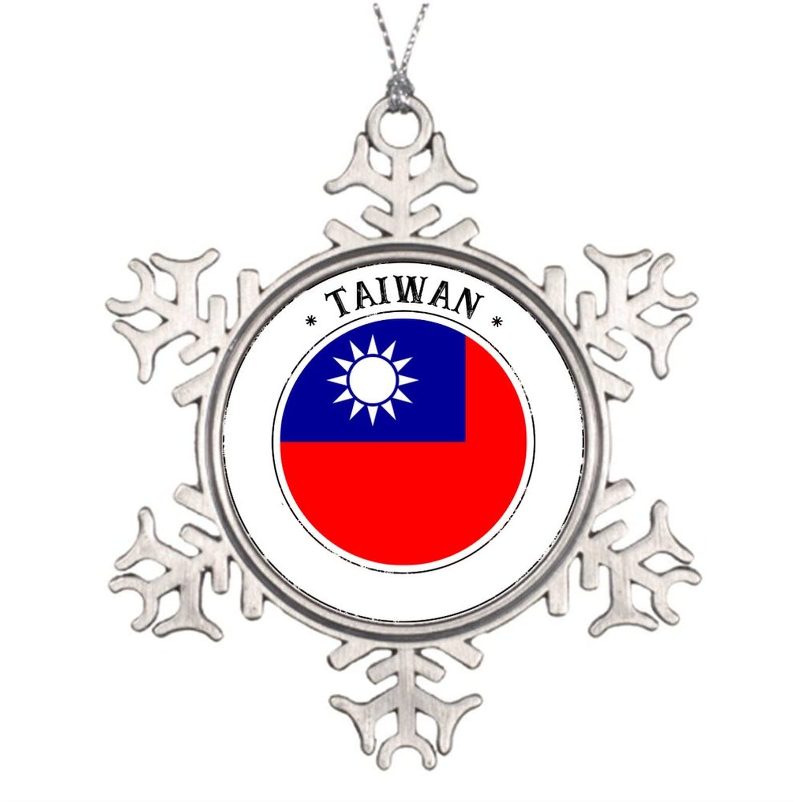 Taiwan Flag Pewter Ornament Metal Snowflake Christmas Tree Hanging Decoration Housewarming Gifts 3 Inch Xmas Souvenir for Friends and Families Made in USA