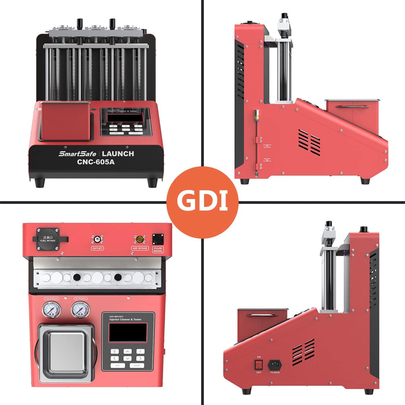 వివిధ views of the LAUNCH SmartSafe CNC605A, showing the top, side, and rear panels with connections and controls.