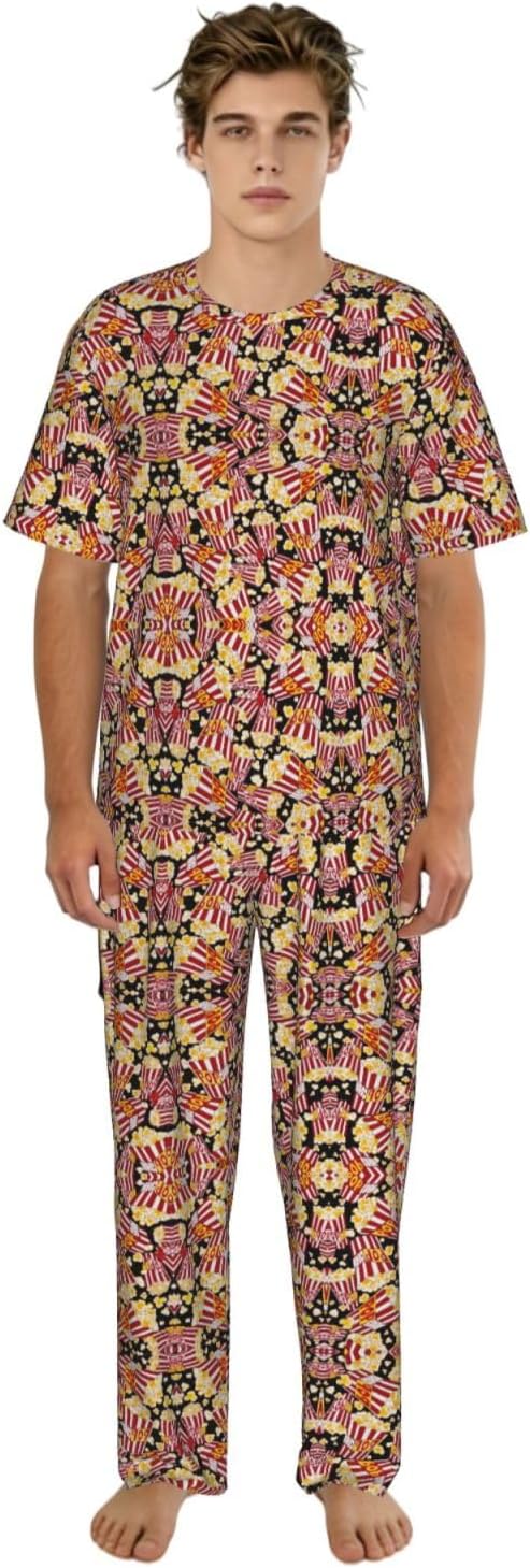 Men'S 2 Piece Loungewear Pajama Set Popcorn Print Print Short Sleeve Tee Top And Pants Set S-3xl