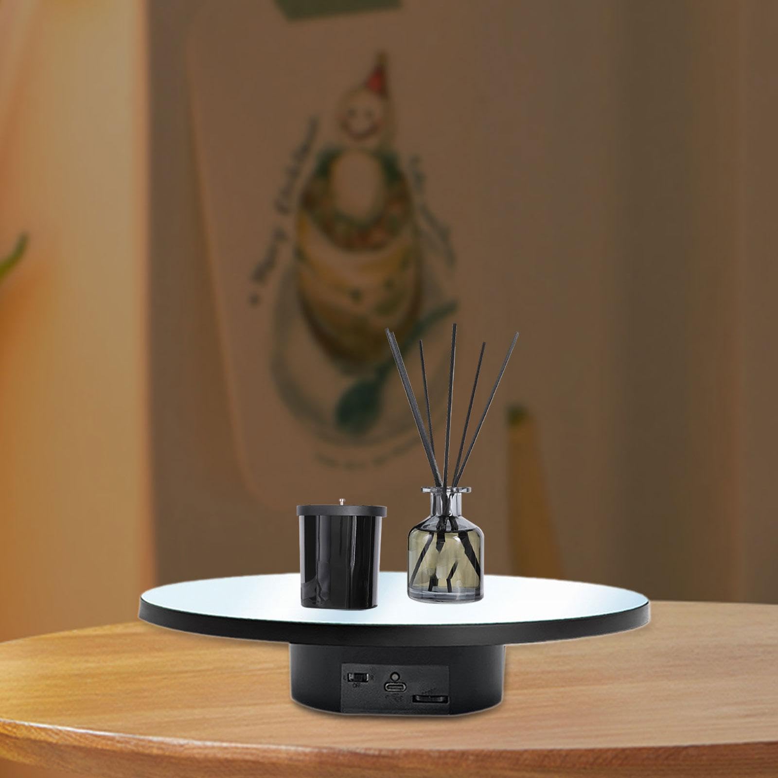 Supporto Espositivo Rotante Elettrico con Piatto Girevole Motorizzato a velocità Regolabile, Superficie a Specchio E Base Girevole, Adatto per Oggetti, 25 Cm Nero