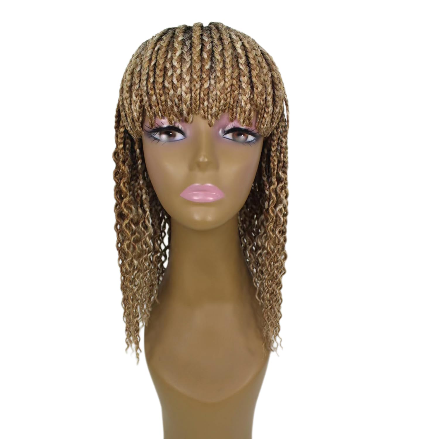 Cornrow Twist Knotless Braided Wigs for Black Women, 13" Curly Wavy Shoulder Length Wig With Bangs, Lightweight Synthetic Hand Braided Wigs Designed for African American Women (Black Mix Brown)