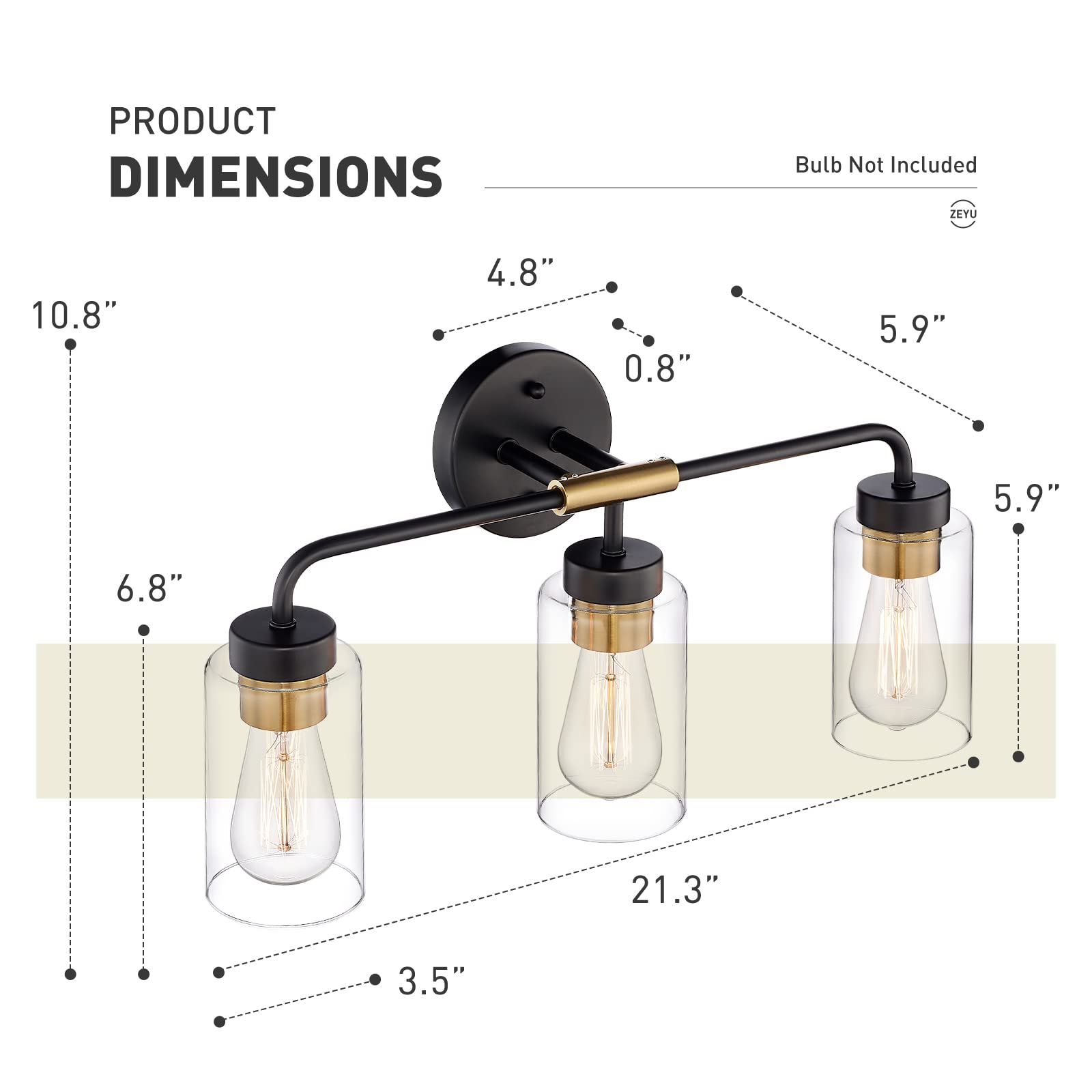zeyu 3-Light Farmhouse Vanity Lights for Bathroom, 21 Inch Industrial Bath Wall Light Fixtures with Clear Glass Shade, Black and Gold Finish, ZS62B-3W BK+BG