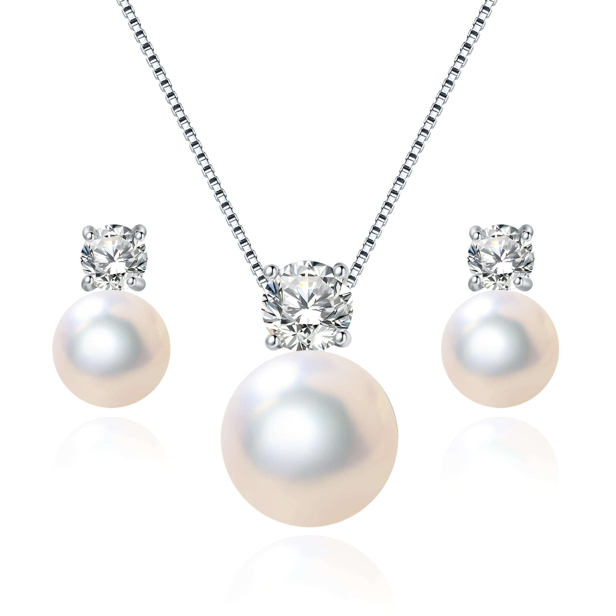 YAMI Collana di perle d'acqua dolce, in argento Sterling 925, con orecchini di perle abbinati, ciondolo con perle di zirconia cubica 5A, elegante collana a forma di clavicola, regalo di lusso per