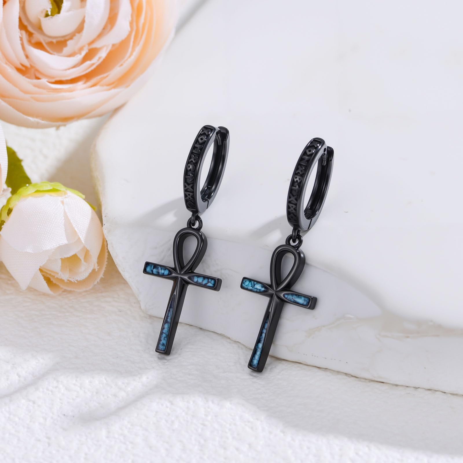 925 Sterling Silber Creolen Herren Damen, Vintage Ohrringe Schwarz mit Türkis Inlay, Hypoallergener Huggie Klappohrstecker Set, Wikinger Punk Gothic Schmuck für Männer Jungen