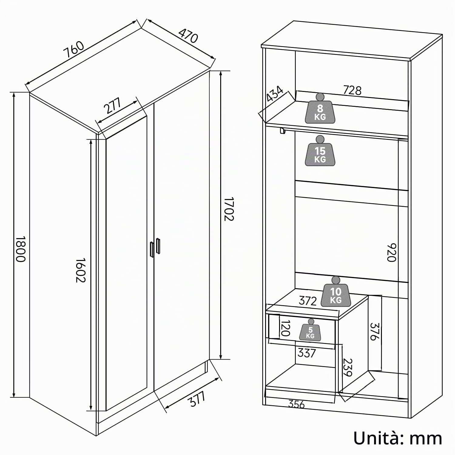 SONNI Armadio Camera da Letto a due ante, Armadio con specchio, Armadio Salvaspazio Bianco Multifunzionale ad Ante Battenti, Adatto per Camera da Letto, Guardaroba, Lavanderia, 76x47x180cm
