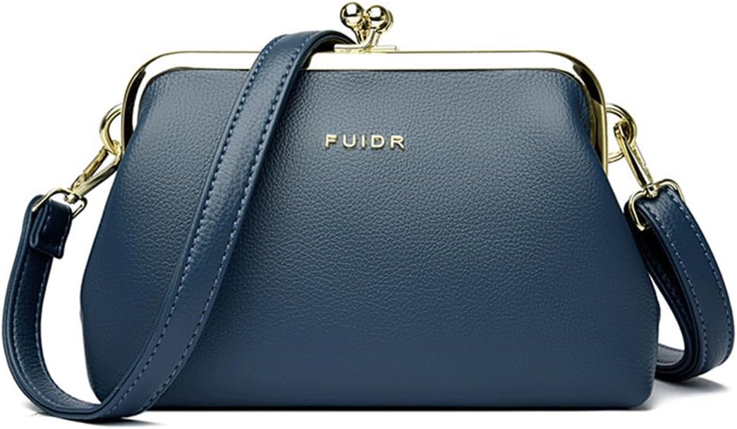 Kiss Lock Crossbody Bag Double-frame Textured Leather Kiss Lock Design KissLock Pouch Minimal Retro Clutch Crossbody for Woman (Blue)