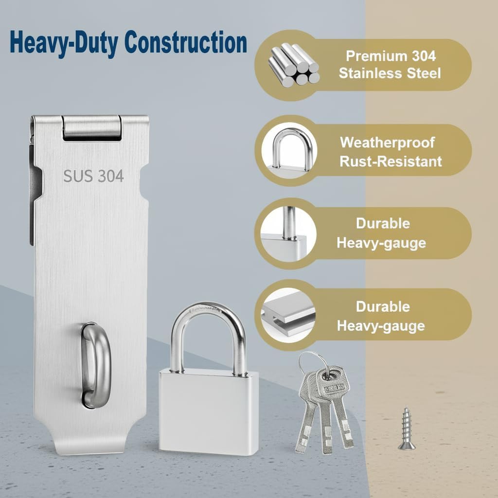 1 Set 5 Inch Padlock Hasp Latch with 1.5" Long Shackle Lock, Stainless Steel Door Lock Latch for Shed, Gate, Cabinet and Closet, Heavy Duty Hasp Lock Latch with Key & Screws