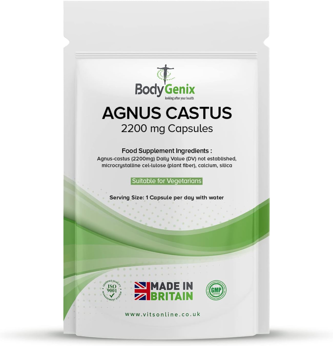 BodygenixAgnus Castus 2200mg Capsules - Menstrual Cramps Relief Hormones PMS Fertility Support - Natural Food Supplement