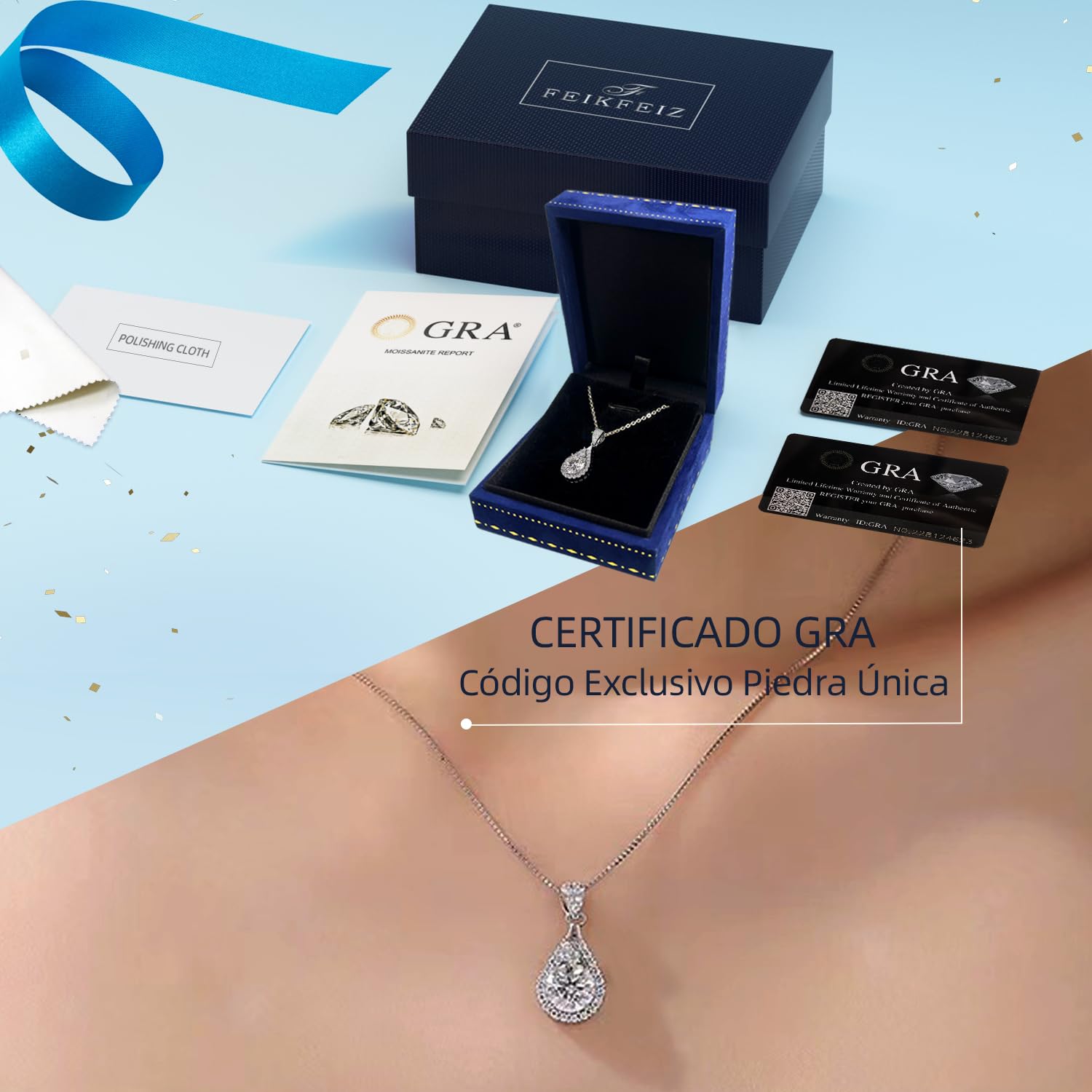 FEIKFEIZ Collar de moissanita para mujer, colgante de diamante de moissanita de 2 quilates, bañado en rodio, cadena de plata con una sola joya, incluye caja de regalo.