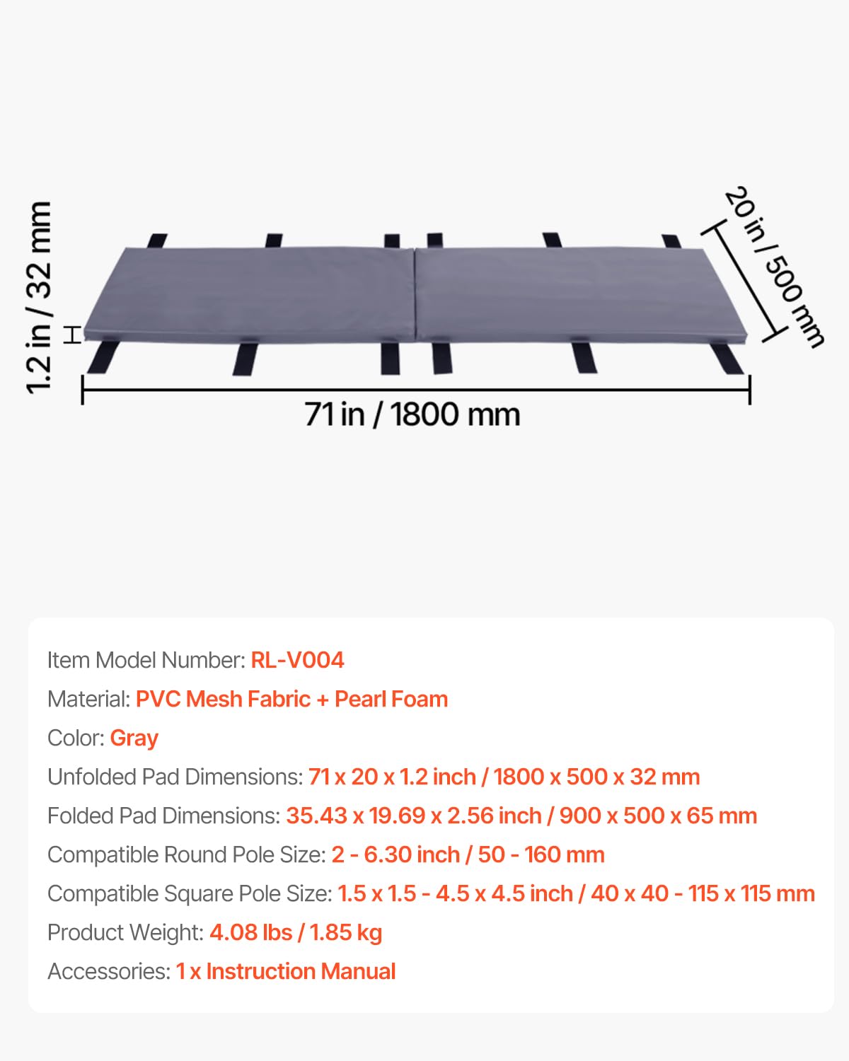 VEVOR Almohadilla para Poste de Baloncesto, Resistente, Envolvente, Impermeable, para Todo Tipo de Clima para Sótanos y Garajes, Tela de Malla de PVC + Espuma Perlada, 1800 x 500 x 32 mm, Gris
