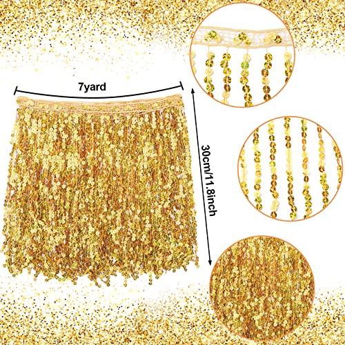 7 Yards/Lot 12Inch Encryption Sequins Lace Fringe Trim 30Cm Bling Sewing Fringe Trim Metallic Sequin Trim Fringe Trim Embellishment For Diy Dance Stage Costume Clothing Dress Decor, Gold #TOP2