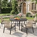 MIXPATIO 7 Pieces Round Outdoor Dining Set for 6, Patio Dining Set Wicker Rattan Chairs with Soft Cushion and 54" Round Table with Umbrella Hole, Round Patio Table and Chairs for Backyard Porch