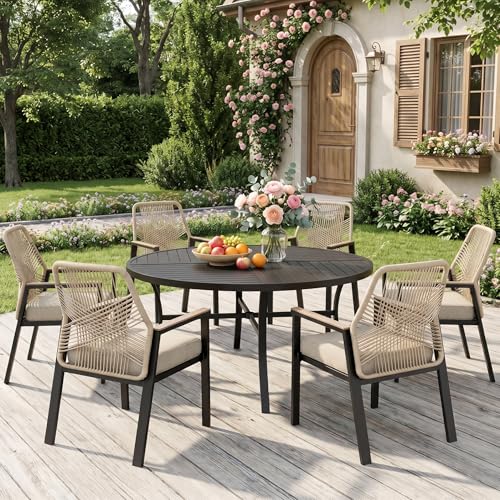 Image of MIXPATIO 7 Pieces Round Outdoor Dining Set for 6, Patio Dining Set Wicker Rattan Chairs with Soft Cushion and 54 inch Round Table with Umbrella Hole, Round Patio Table and Chairs for Backyard Porch