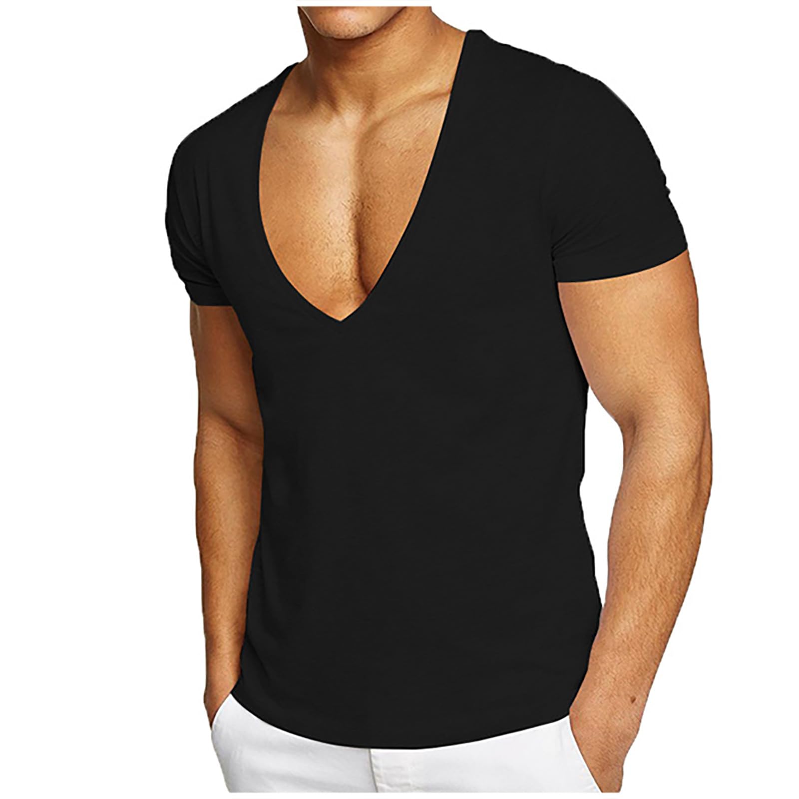 Mens Sexy Deep V Neck Shirt Summer Casual Short Sleeve Workout Muscle T-Shirt Trendy Low Cut V Neck