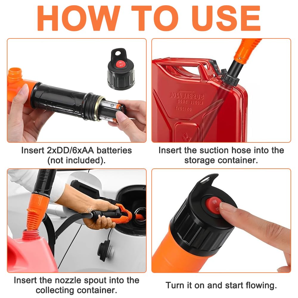Pompa Carburante Portatile A Batteria 2.4 GPM - Spegnimento Automatico, Con Tubo 114 Cm E 3 Adattatori Per Benzina, Diesel, Kerosene