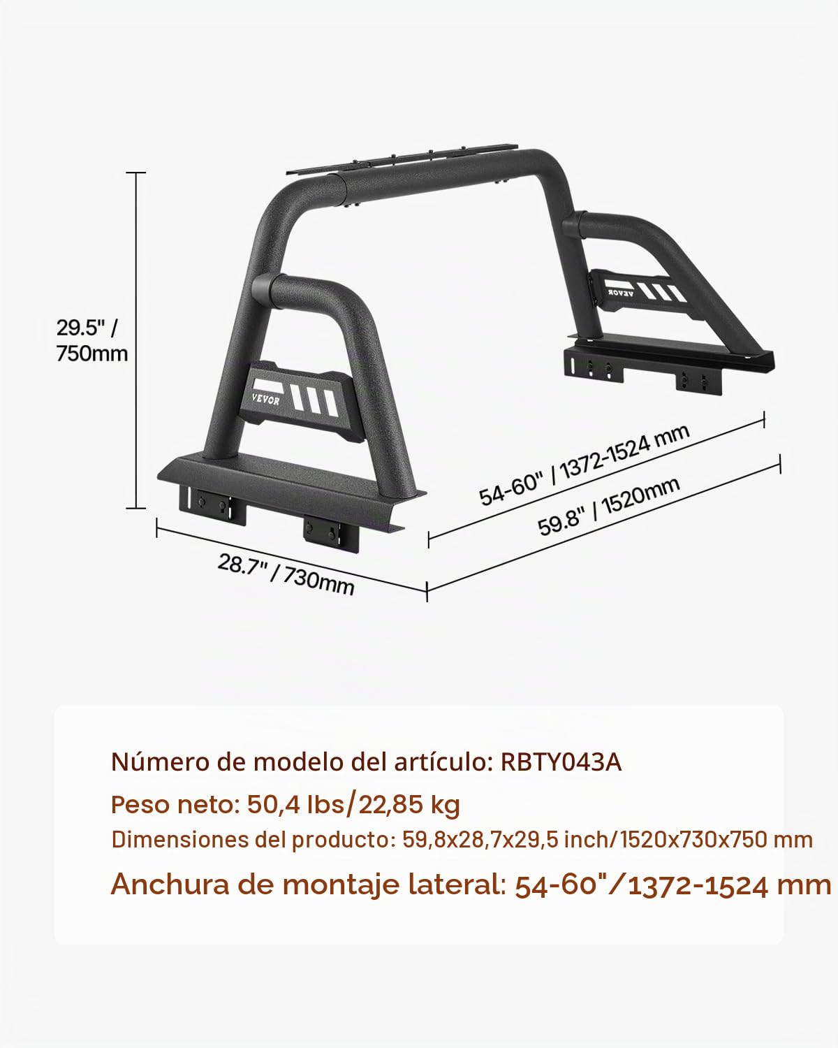 VEVOR Barra Antivuelco para Caja de Camioneta de Acero al Carbono Portaequipajes Universal Ajustable para Camionetas de Tamaño Mediano con Soporte de Luz Extensible, Portaequipajes No Incluido