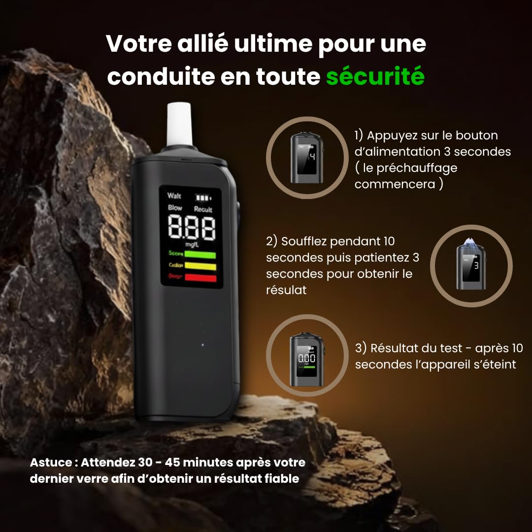SmartOBD Alcootest Ethylotest Électronique Rechargeable USB-C | Testeur alcoolémie Écran LCD Alerte Vocale LED 3 Couleurs | 5 Embouts Réutilisables | Marque Française - 5