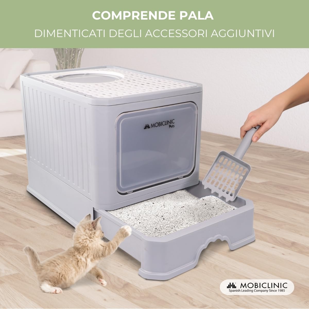 Mobiclinic® pets, Lettiera per gatti coperta, Cassetto estraibile, Include palett, Catbox, Doppia entrata frontale e superiore con coperchio, Griglia, Struttura smontabile