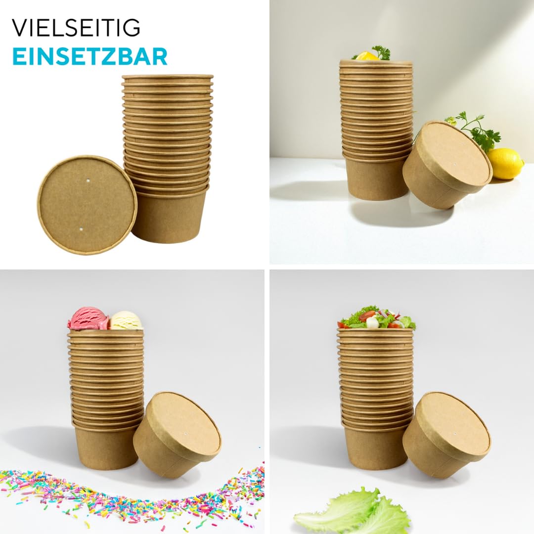 Enpack Suppenbecher Braun 12oz/350ml - Auslaufsichere Schüssel mit Deckel für den Gastronomie & Privat Bereich, Einweg Suppenschalen aus Kraftpapier, Formaler Stil, Nachhaltige Pappschale (300)