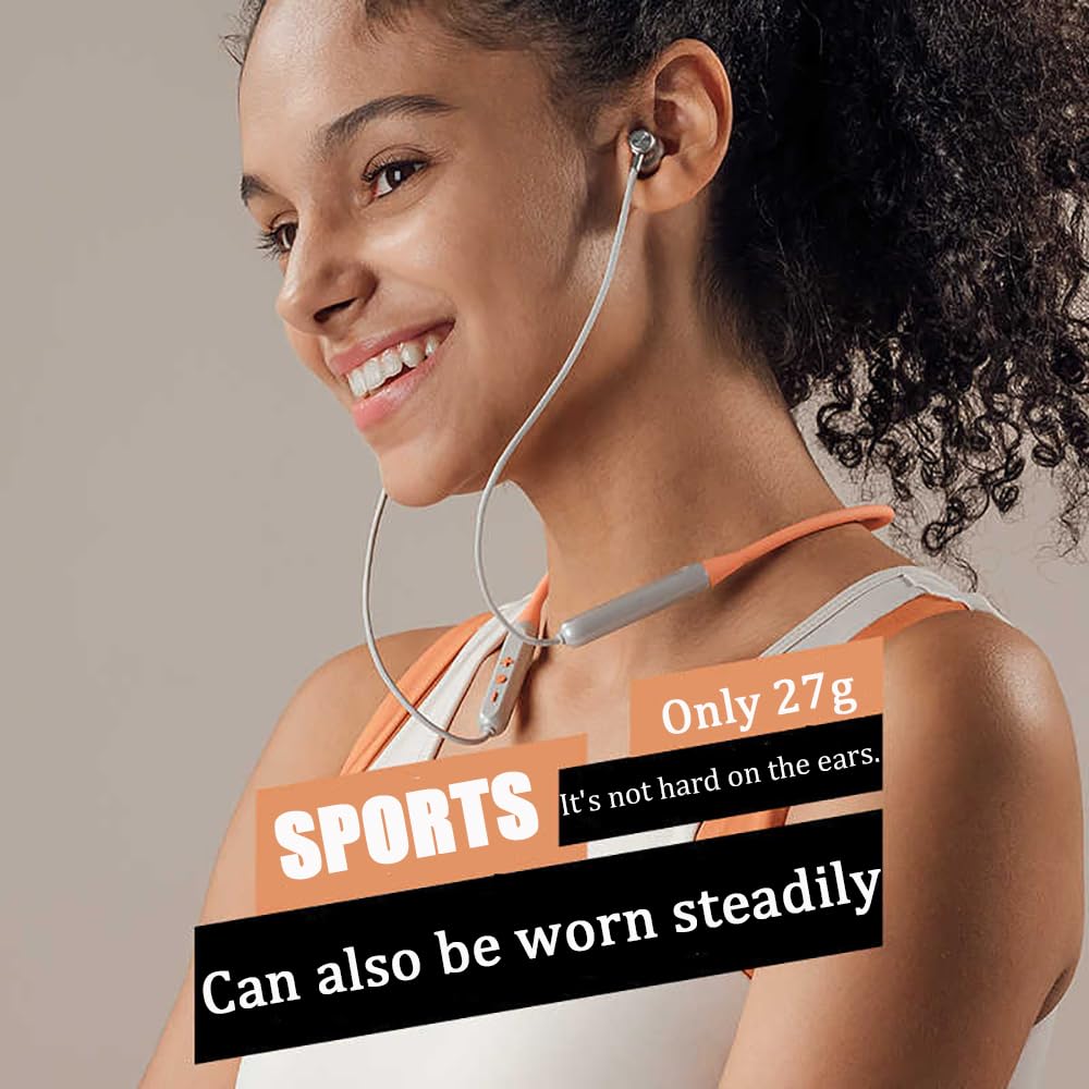 Auricolari in-ear wireless con archetto da collo, 27 g, ultra leggeri, confortevoli, 8 ore di riproduzione, bassi profondi, con microfono, per sport, allenamento, ufficio (arancione)