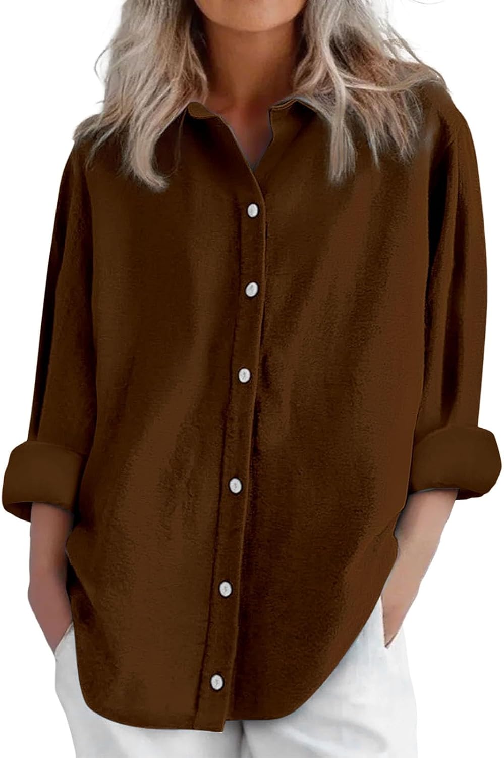 Women's Solid Collared Linen Shirts, 2025 Lightweight Summer Beach Tops, Long Sleeve Boho Button Down Casual Blouses