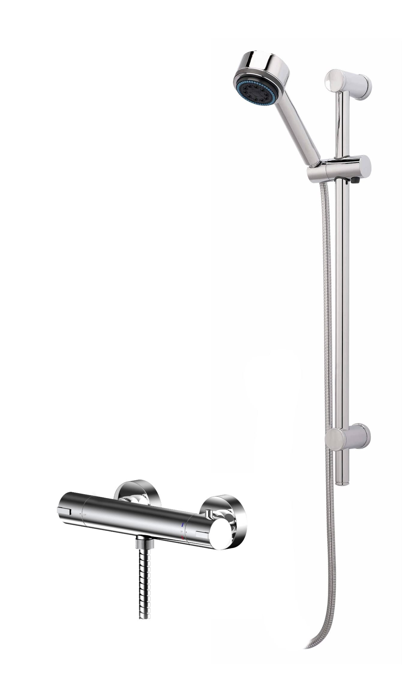Nuie SBR66BV1 Shower Bundle Modern Bathroom Binsey Thermostatic Bar Valve with Bottom Outlet and Round Slide Rail Kit with Multi-Function Handset
