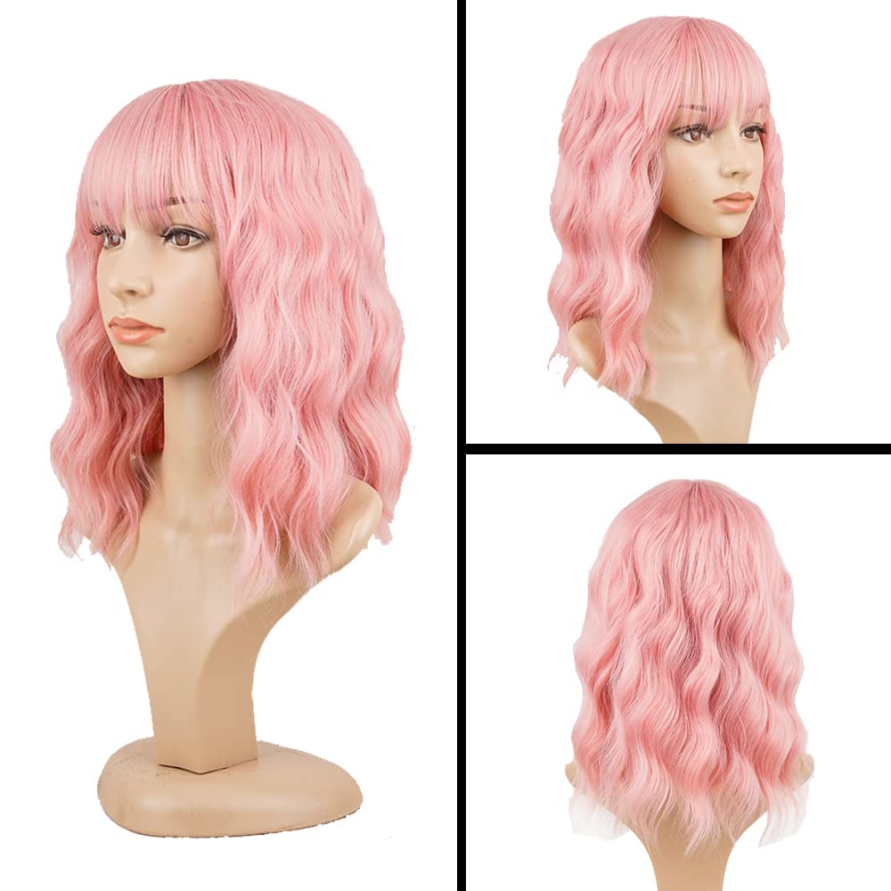 Pink Wavy Wigs With Bangs Short Bob Wig for Women Curly Synthetic Cosplay Wig for Girls Daily Use Colorful Wigs(14 Inch,Pink) - Image 2