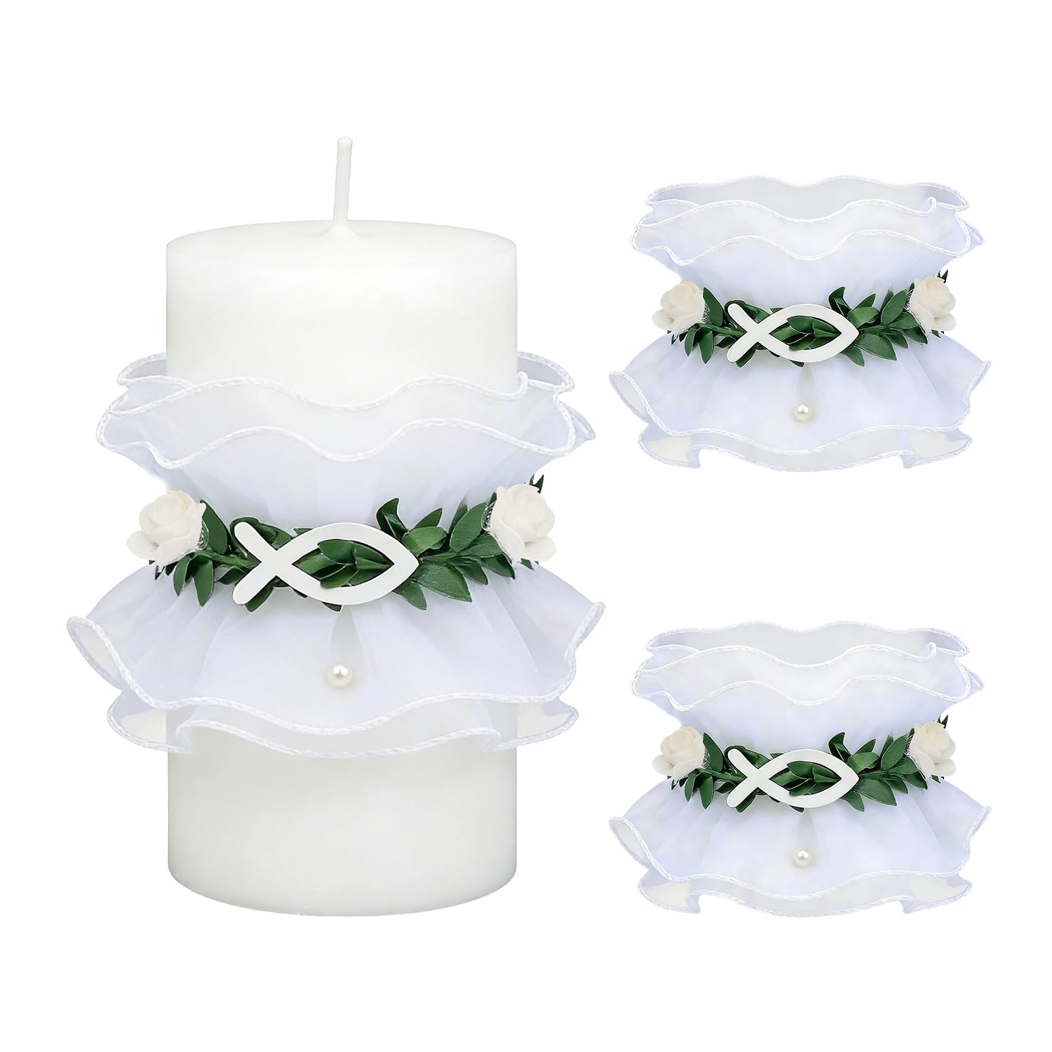 Tropfschutz Kommunionkerze,4-9cm Tropfenfänger Kerzentropfschutz,2 Stück Tropfschutz Taufkerze,Weiß Taufe Fisch Deko Kerzenrock,für Taufkerze Kommunionkerze Hochzeitkerze