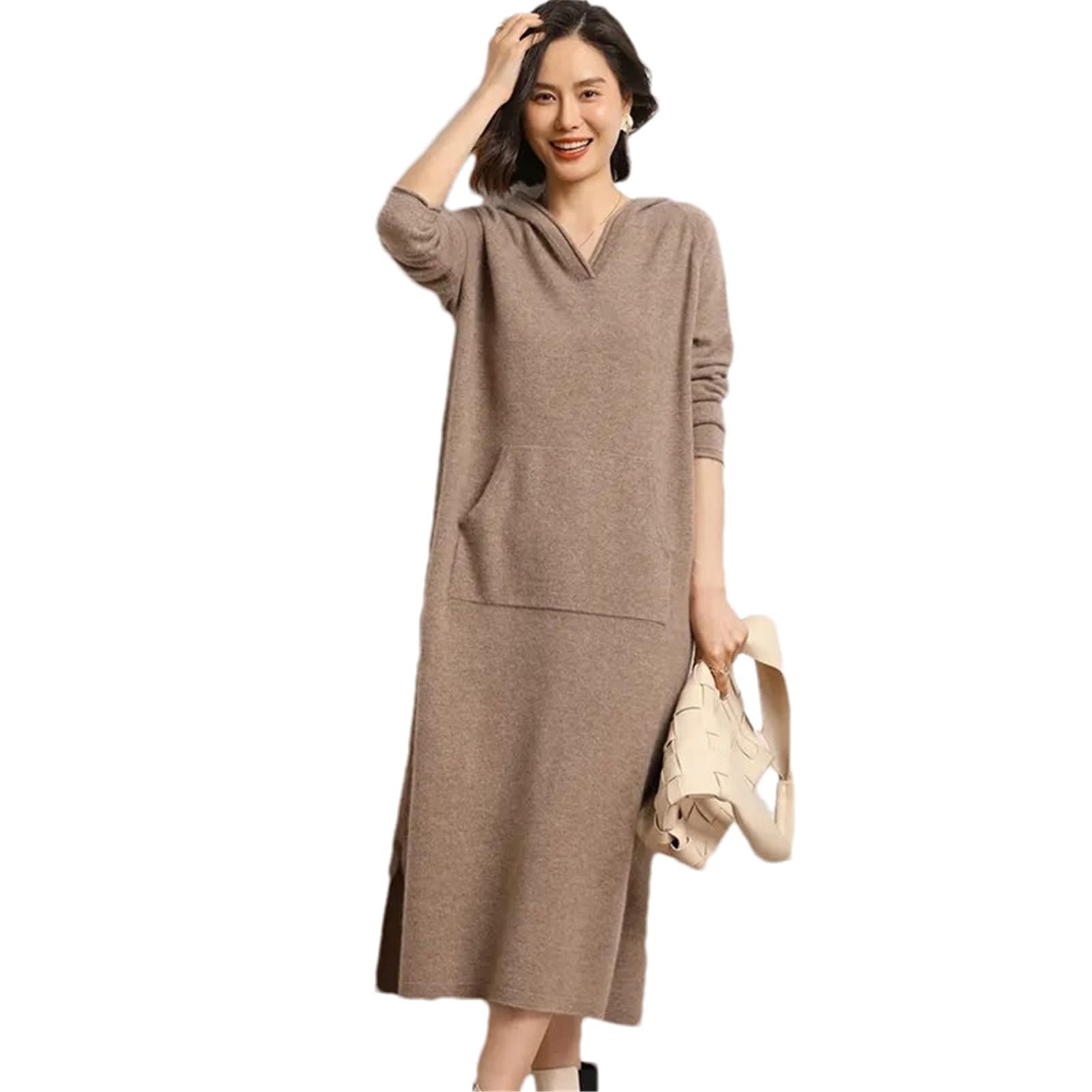 ZMIN Solid Cashmere Sweater Long Dress Women Long Sleeve Knitted Dresses Female Hooded Pullover