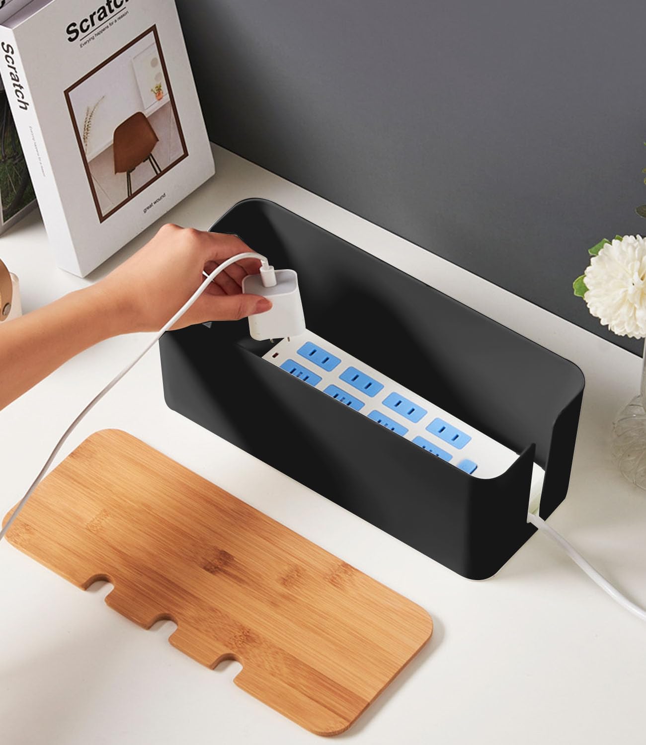 Azyvum 3 Piezas Caja Organizadora Cables con Tapa de Bambú,Caja Cables Organizador para Cables,Guarda Oculta y Recoge Regletas,Mesa y Escritorio, Kabelmanagementbox,kabelbox
