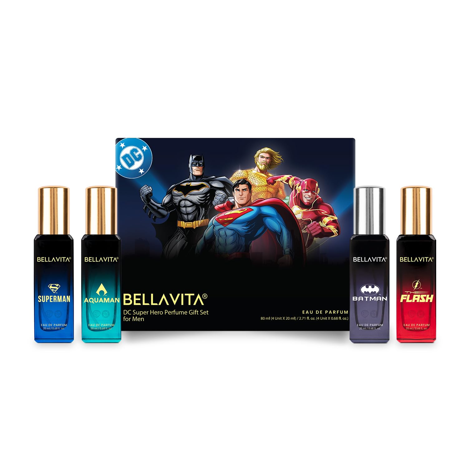 BELLAVITA DC Super Hero 4x20ml | Perfume Gift Set for Man | Gifts for Men | Cedarwood, Musk, Lemon & Bergamot | Woody, Fruity and Spicy Premium Fragrance Scent-image-10