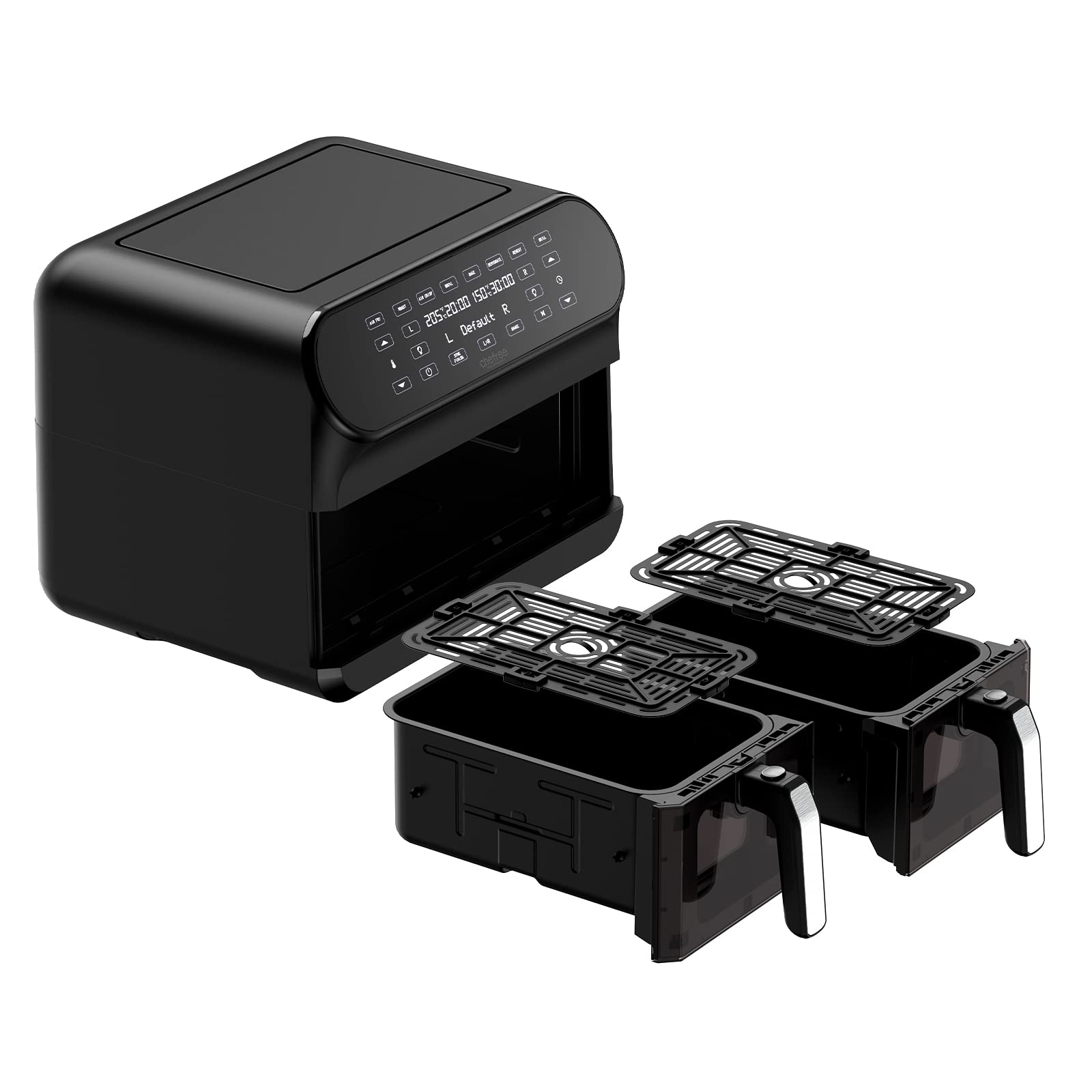 CHEFREE Dual Zone Heißluftfritteuse mit Sichtfenster, 8L XL Kapazität Doppel-Airfryer,LED-Touchscreen,Antihaftbeschichtung, 8-in-1 ,Smart und Timer-Funktion,spülmaschinenfeste Körbe,Schwarz,AFW20