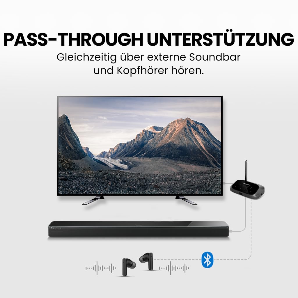 Avantree Oasis Plus 2 – Bluetooth‑Sender für Fernseher mit Fernbedienung zur Lautstärkeregelung, unterstützt Zwei Kopfhörer, aptX‑Adaptive, Soundbar‑Passthrough, für optische oder AUX‑TVs