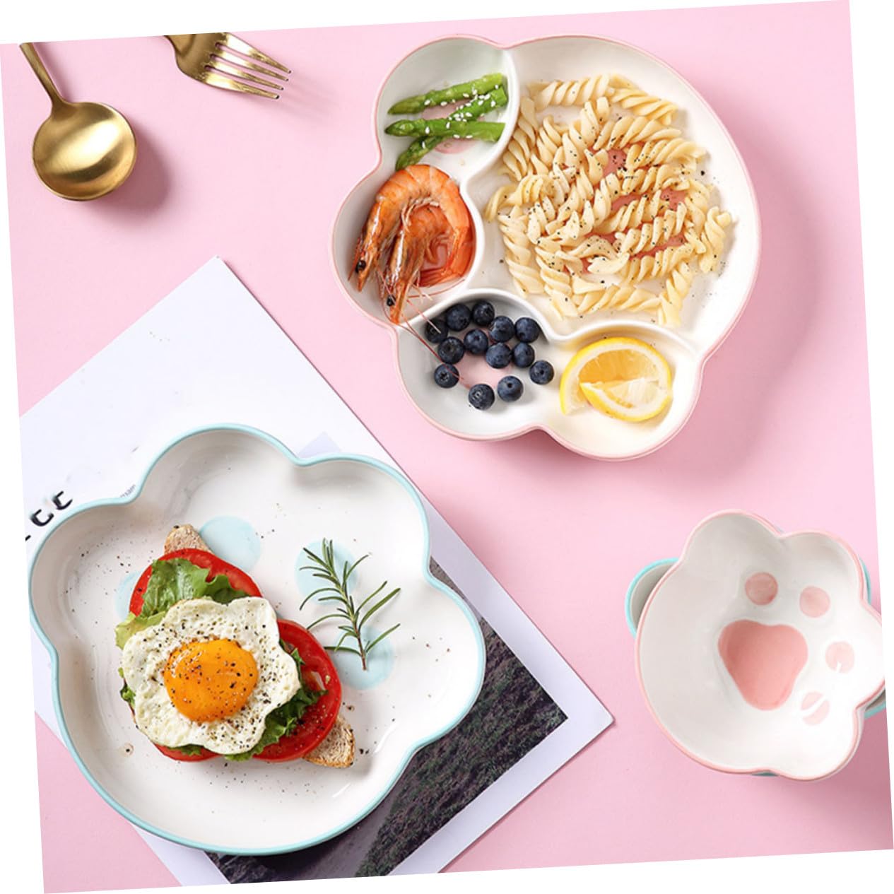 Uonlytech Assiette en Céramique à Compartiments 9 Pouces Couleur Rose, Plaque D’Accueil Multifonction pour Fruits Et Collations, Usage Quotidien Et Repas Équilibré, Design Original Patte De Chat