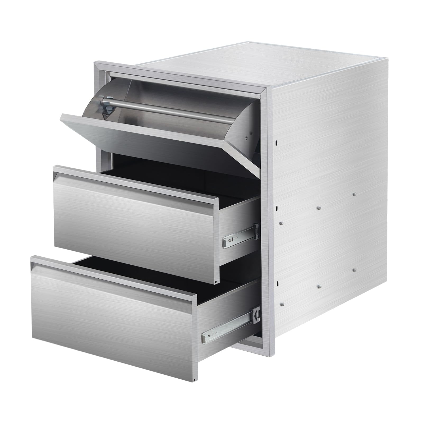 CuteHairy Stainless Steel Outdoor Kitchen Drawers – 3-Drawer Built-in BBQ Island Unit with Paper Towel Holder, Reveal Design & Patio Grill Station Storage, 38x66x50 cm – Silver
