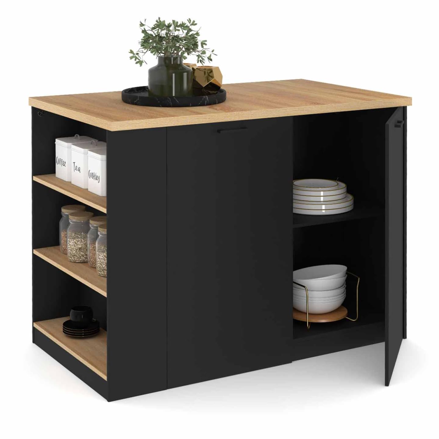 IDMarket - Ilot central TIBO 120 cm bois noir avec plan de travail façon hêtre