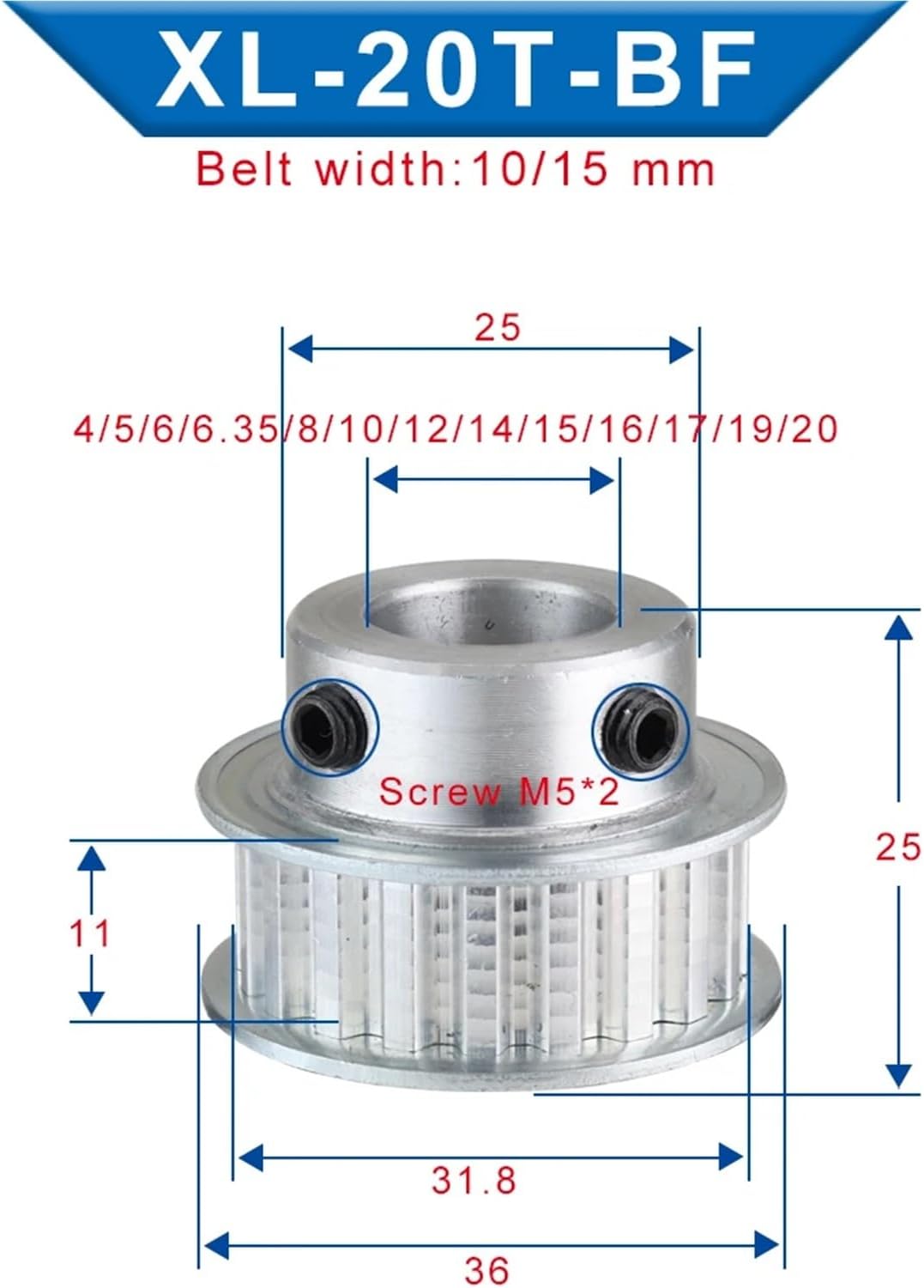 XL20T Timing Pulley Bore 4/5/14/20mm Teeth Pitch 5.08 Aluminum Width 11mm 1Pcs(8 mm)