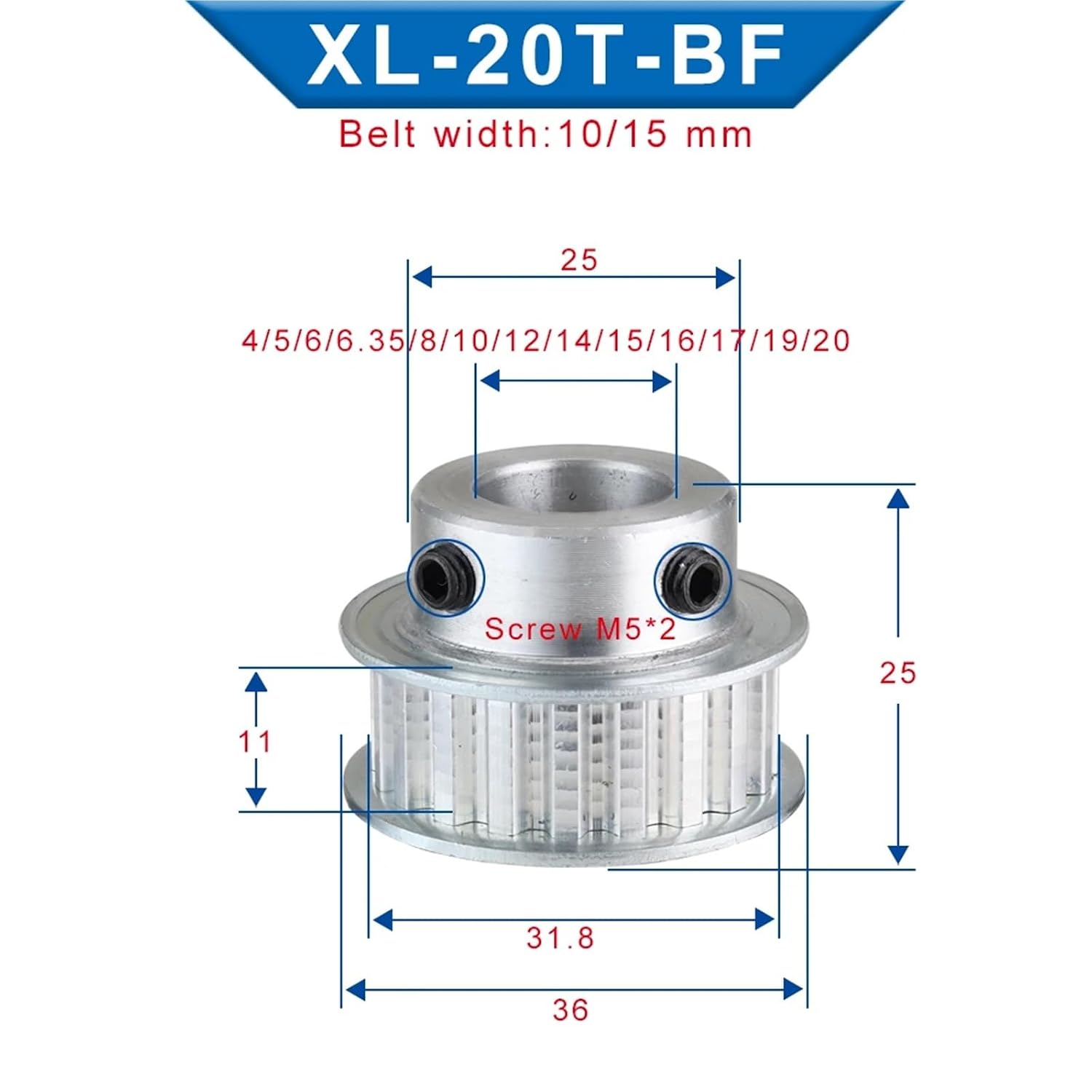 XL20T Timing Pulley Bore 4/5/14/20mm Teeth Pitch 5.08 Aluminum Width 11mm 1Pcs(17 mm)