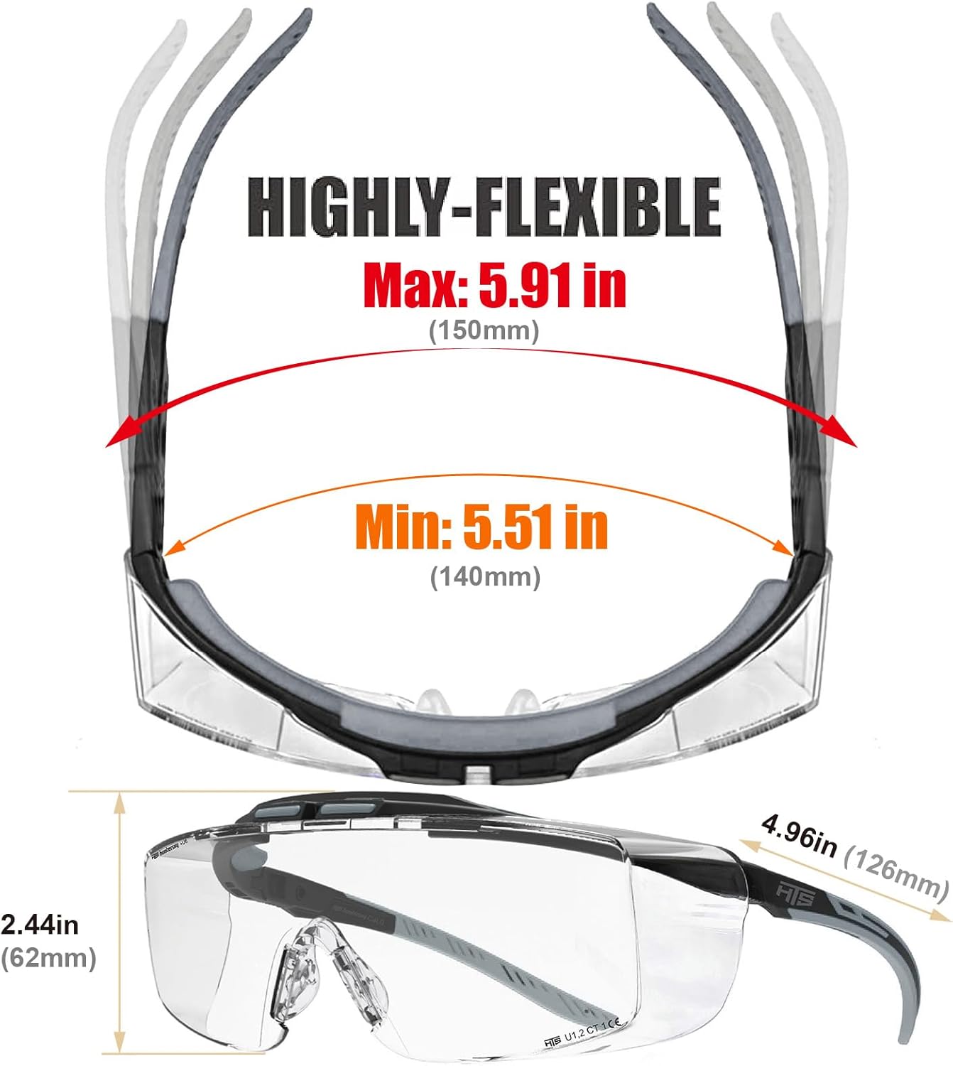 HTS HUNTERSKY ANSI Z87.1+ Anti Fog Lab Safety Glasses Fit Over Eyeglasses Up to 1.88 inch 100% UV Protective OTG Goggles