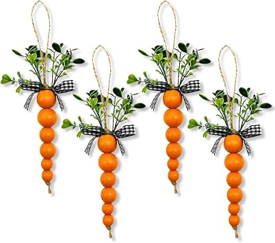 4 Pcs Easter Wooden Bead Carrot Hanging Ornaments,Wood Carrots Pendants Tree Ornaments Decorations with Bow and String for Kids Bunny Easter Spring Party Supplies Farm Home School