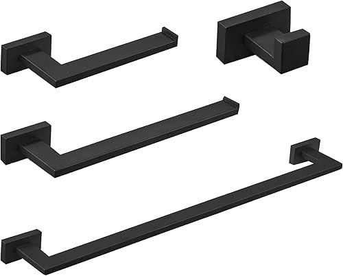 BESy Juego de accesorios de baño de 4 piezas (toallero, toallero de mano, soporte para papel higiénico, gancho para toallas), colgador de toallas