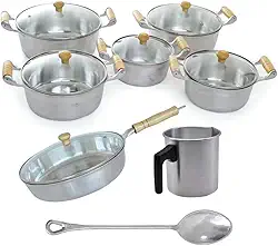Jogo de Panelas Frigideira Canecão 7 Pçs Alumínio Batido Fundido Tampa de Vidro Cabo de Marfim Envernizado Cozinha Moderna Qualidade Profissional