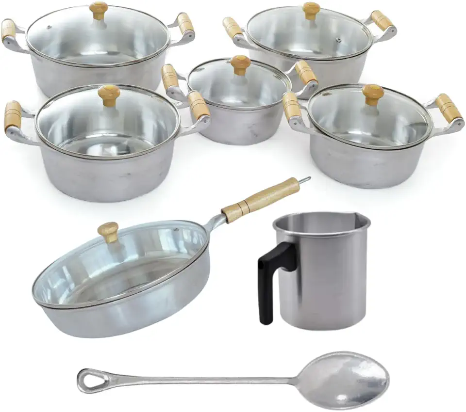 Jogo de Panelas Frigideira Canecão 7 Pçs Alumínio Batido Fundido Tampa de Vidro Cabo de Marfim Envernizado Cozinha Moderna Qualidade Profissional