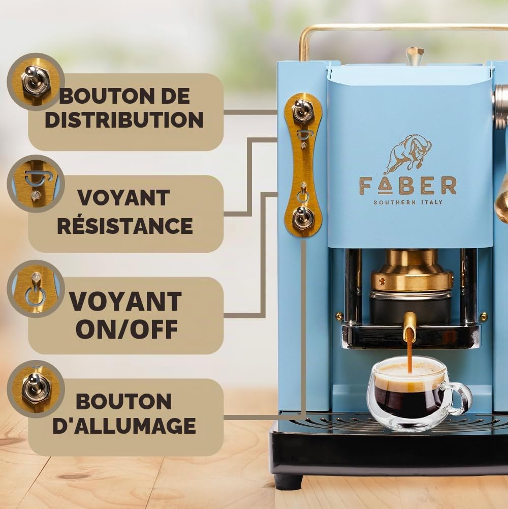FABER COFFEE MACHINES | Modèle Pro Mini Deluxe | Machine à café à dosettes ese 44mm | | Pressacialda en laiton réglable (TURQUOISE)