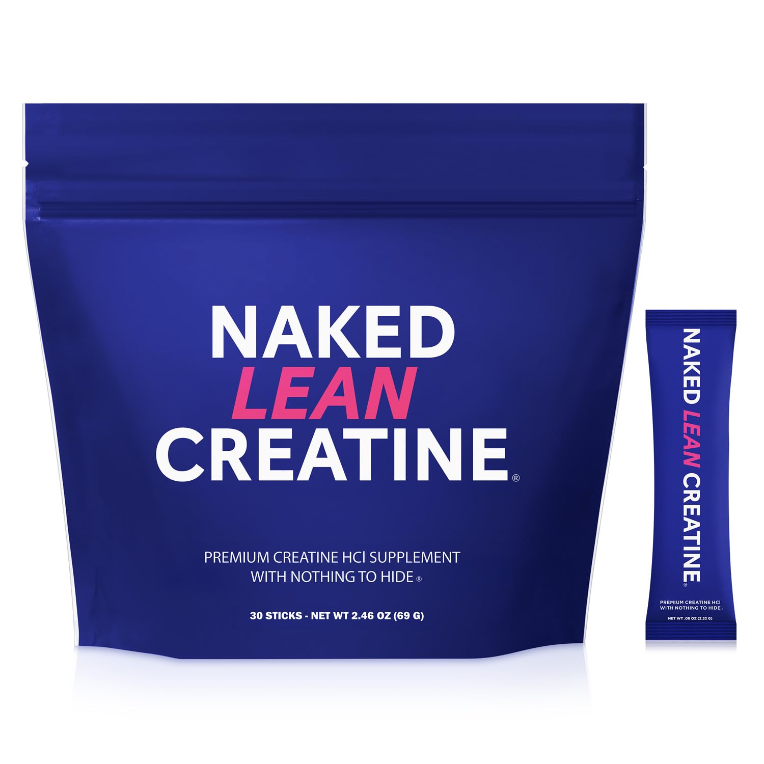 NAKED Lean Creatine HCl Stick Packs - Unflavored Con-Cret Creatine Hydrochloride with Organic Prickly Pear Extract, Electrolytes - Muscle Growth, Strength & Cognitive Support - 30 Servings Unflavored 30 Servings (Pack of 1)