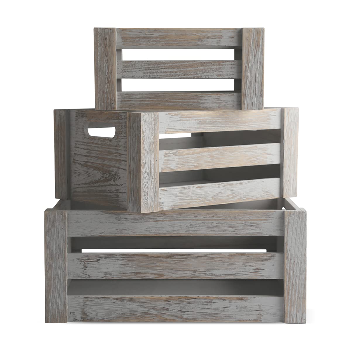 Besmall Set of 3 Nesting Wooden Crates, Decorative Vintage Wooden Storage Crates, Wood Boxes Rustic Farmhouse Style for Storage and Display – Decorative Wooden Crates for Home (Old Gray)