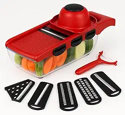 Cortador Mandolin 6 em 1, Fatiador e Ralador de Legumes Multifuncional, com Lâminas de Aço Inox e Descascador