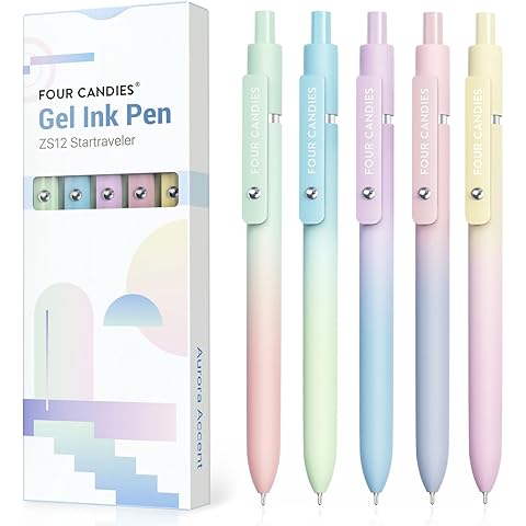 Four Candies Gel Pens, 5 Pcs 0.7mm Quick Dry Black Ink Pen Fine Point Smooth Writing Unique Pen, Office Home School Supplies Essentials Fun Pretty Cute Pens Gifts for Girl Women(Gradient)