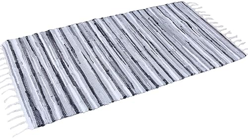 Miniatura 10 de Alfombra de baño de 20.0 x 30.9 in, hecha a mano, reversible, de algodón, diseño de rayas, multicolor